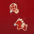 Fortune Jewel 925 Sterling Silver Coin Red Agate Year Of The Horse Asymmetric Protection Earrings - Fortune Jewel