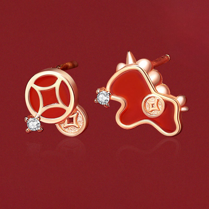 Fortune Jewel 925 Sterling Silver Coin Red Agate Year Of The Horse Asymmetric Protection Earrings - Fortune Jewel