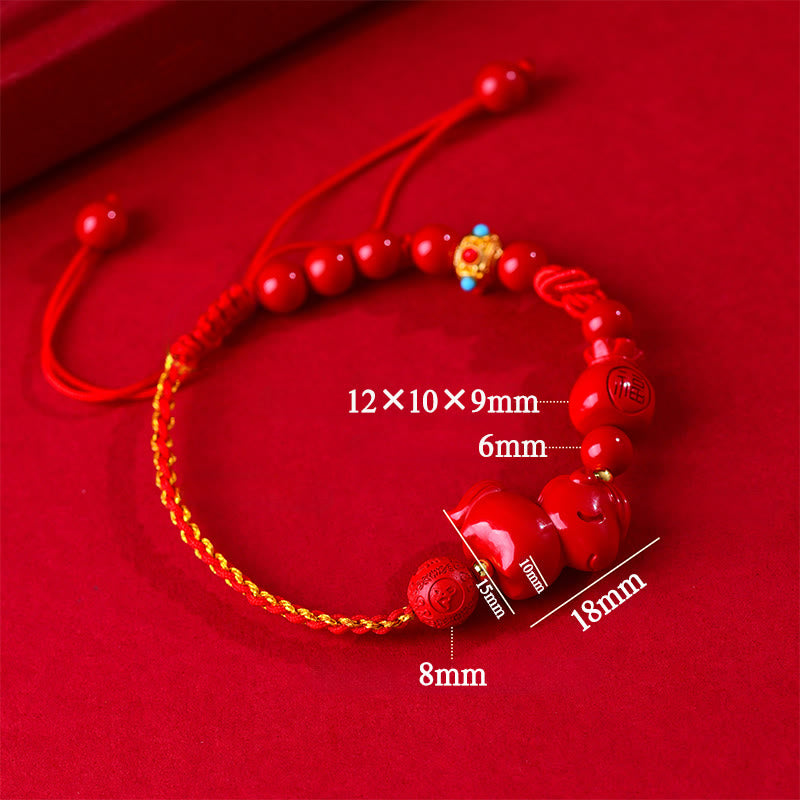 Fortune Jewel Year of the Horse Natural Cinnabar Fu Character Lucky Bag Blessing Bracelet - Fortune Jewel