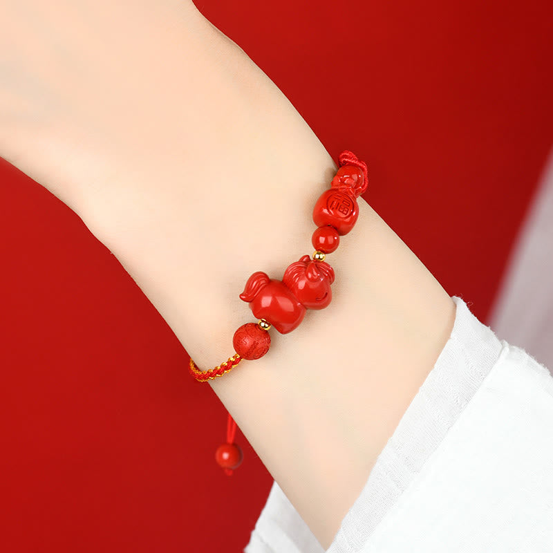 Fortune Jewel Year of the Horse Natural Cinnabar Fu Character Lucky Bag Blessing Bracelet - Fortune Jewel