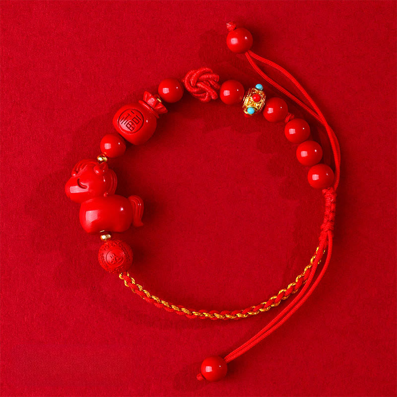 Fortune Jewel Year of the Horse Natural Cinnabar Fu Character Lucky Bag Blessing Bracelet - Fortune Jewel