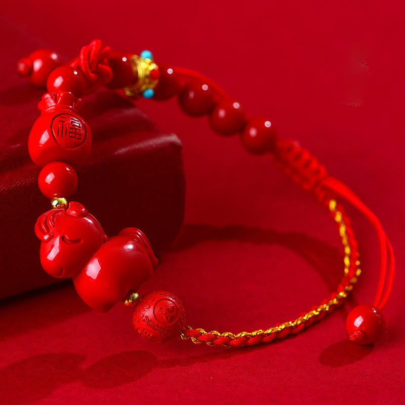 Fortune Jewel Year of the Horse Natural Cinnabar Fu Character Lucky Bag Blessing Bracelet - Fortune Jewel