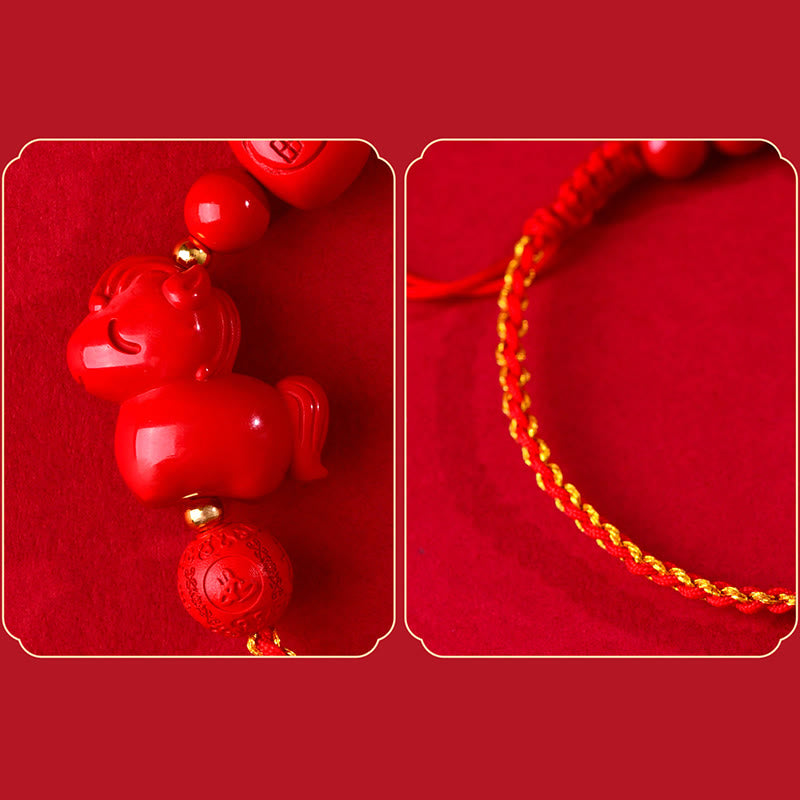 Fortune Jewel Year of the Horse Natural Cinnabar Fu Character Lucky Bag Blessing Bracelet - Fortune Jewel