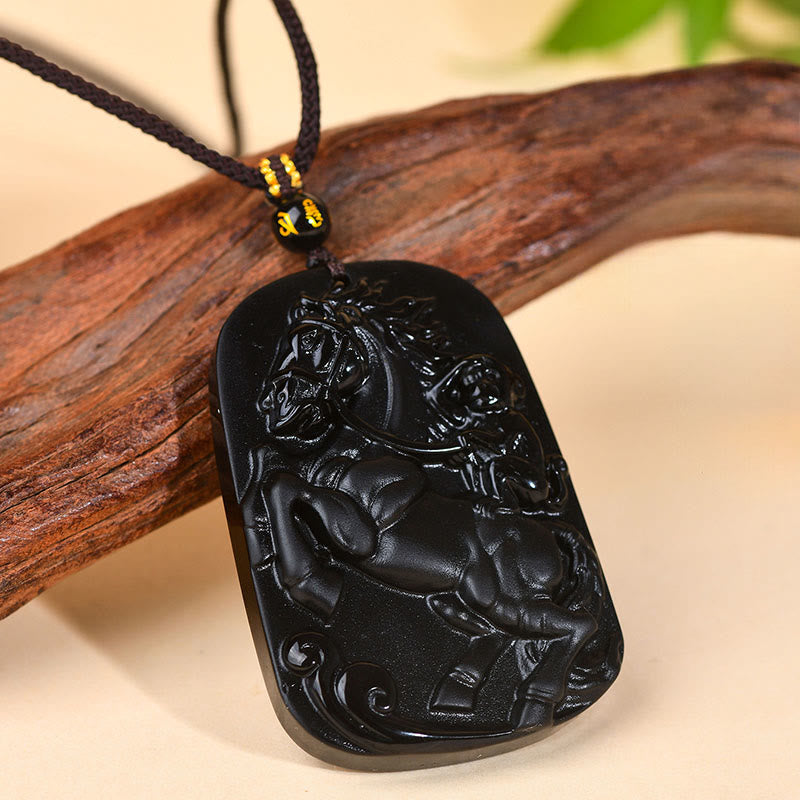 Fortune Jewel Year of the Horse Natural Black Obsidian Strength Necklace Pendant - Fortune Jewel