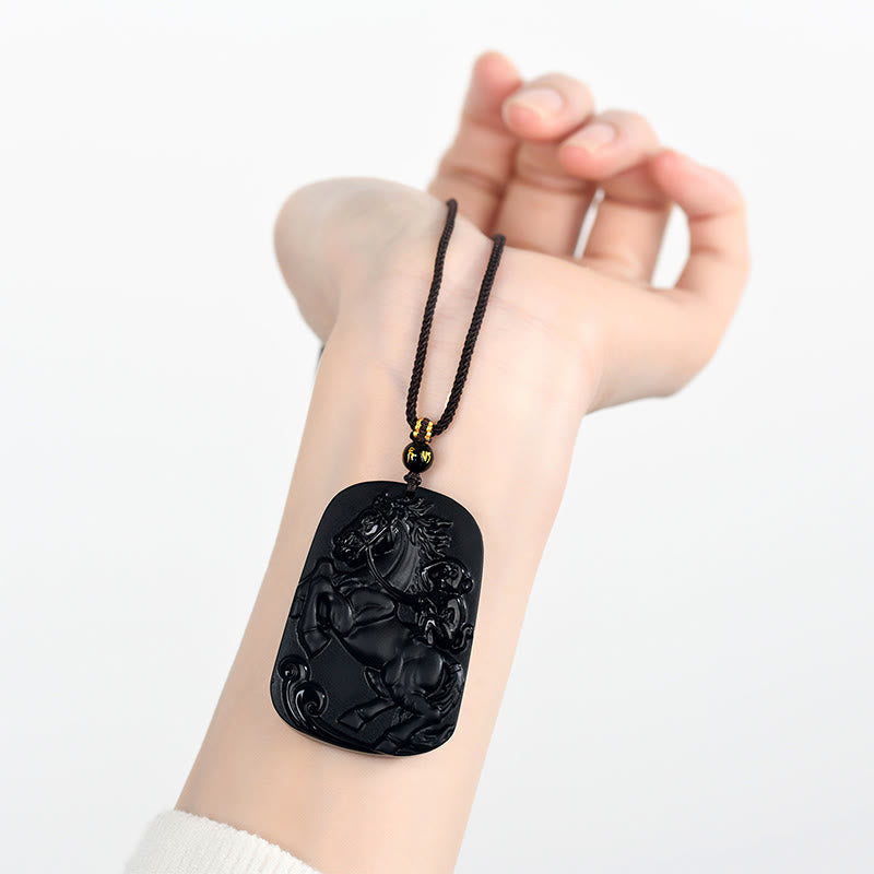 Fortune Jewel Year of the Horse Natural Black Obsidian Strength Necklace Pendant - Fortune Jewel