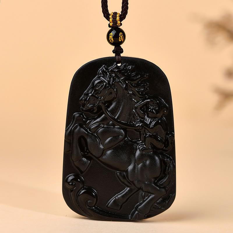 Fortune Jewel Year of the Horse Natural Black Obsidian Strength Necklace Pendant - Fortune Jewel