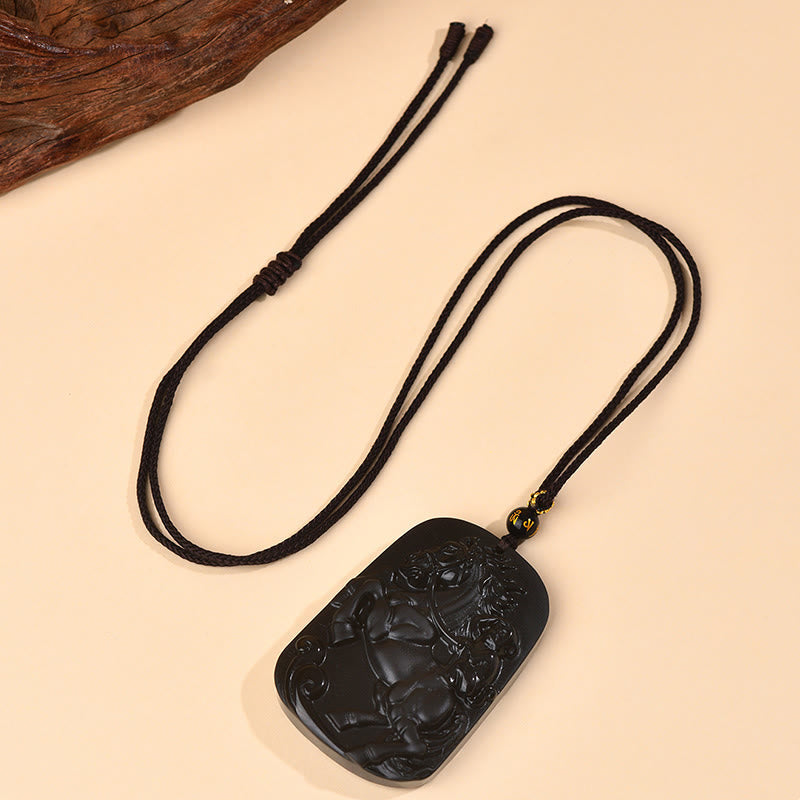 Fortune Jewel Year of the Horse Natural Black Obsidian Strength Necklace Pendant - Fortune Jewel