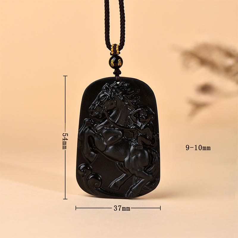 Fortune Jewel Year of the Horse Natural Black Obsidian Strength Necklace Pendant - Fortune Jewel