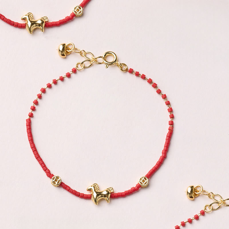Fortune Jewel 925 Sterling Silver Plated Gold Year of the Horse Red Liuli Glass Prosperity Bracelet - Fortune Jewel