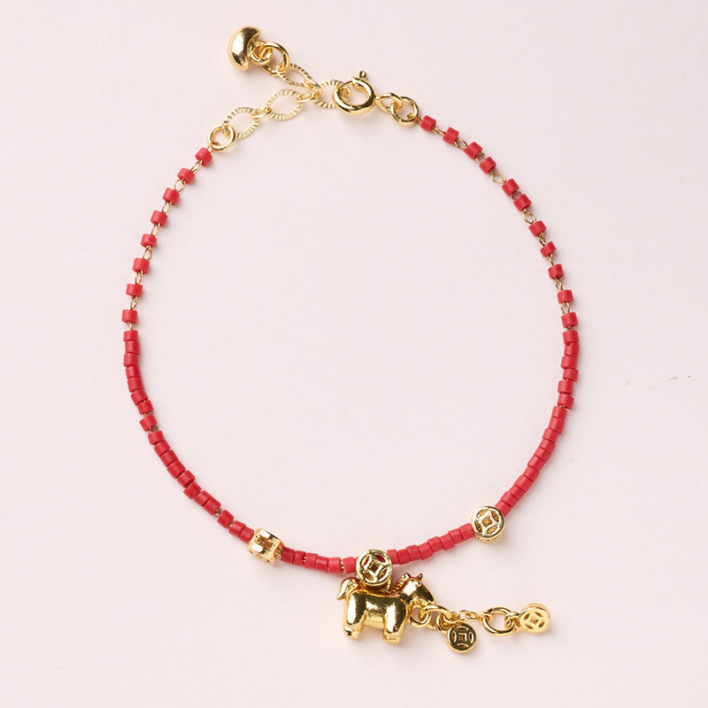 Fortune Jewel 925 Sterling Silver Plated Gold Year of the Horse Red Liuli Glass Prosperity Bracelet - Fortune Jewel