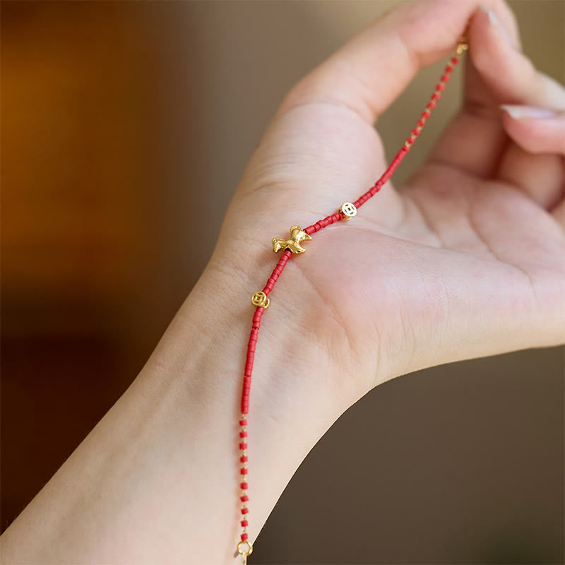 Fortune Jewel 925 Sterling Silver Plated Gold Year of the Horse Red Liuli Glass Prosperity Bracelet - Fortune Jewel