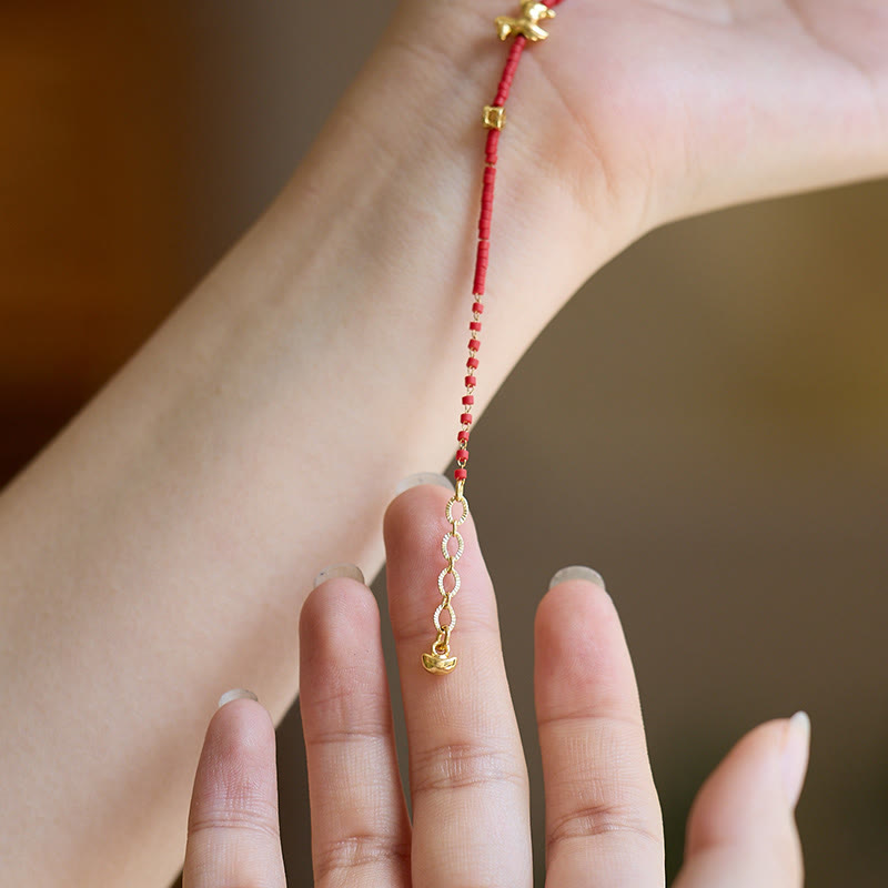Fortune Jewel 925 Sterling Silver Plated Gold Year of the Horse Red Liuli Glass Prosperity Bracelet - Fortune Jewel