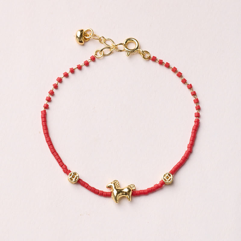 Fortune Jewel 925 Sterling Silver Plated Gold Year of the Horse Red Liuli Glass Prosperity Bracelet - Fortune Jewel