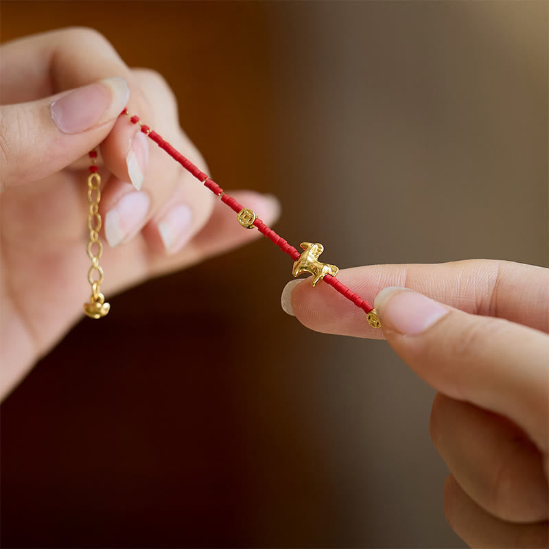 Fortune Jewel 925 Sterling Silver Plated Gold Year of the Horse Red Liuli Glass Prosperity Bracelet - Fortune Jewel