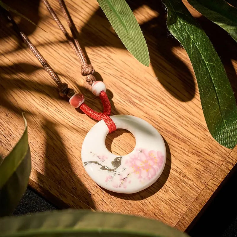 Fortune Jewel Ethnic Peony Peach Blossoms Lotus Symbol Ceramics Necklace Enlightenment Pendant Fortune Jewel