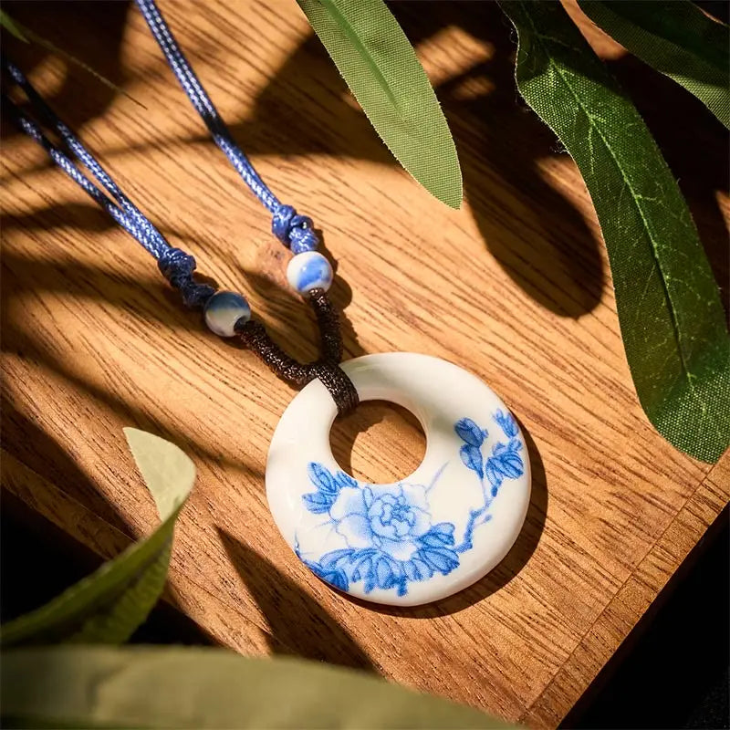 Fortune Jewel Ethnic Peony Peach Blossoms Lotus Symbol Ceramics Necklace Enlightenment Pendant Fortune Jewel