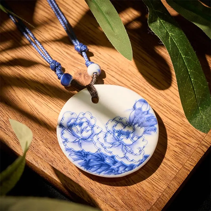 Fortune Jewel Ethnic Peony Peach Blossoms Lotus Symbol Ceramics Necklace Enlightenment Pendant Fortune Jewel