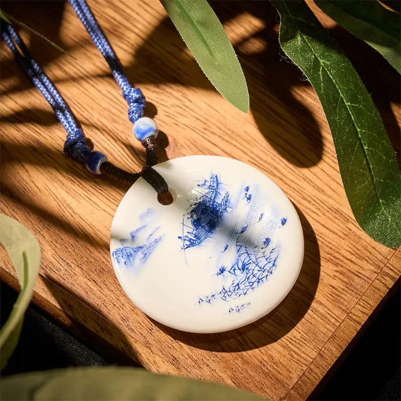Fortune Jewel Ethnic Peony Peach Blossoms Lotus Symbol Ceramics Necklace Enlightenment Pendant Fortune Jewel