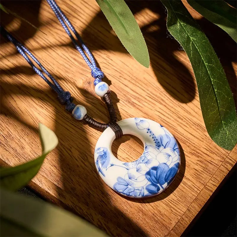 Fortune Jewel Ethnic Peony Peach Blossoms Lotus Symbol Ceramics Necklace Enlightenment Pendant Fortune Jewel