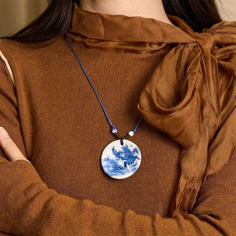 Fortune Jewel Ethnic Peony Peach Blossoms Lotus Symbol Ceramics Necklace Enlightenment Pendant Fortune Jewel