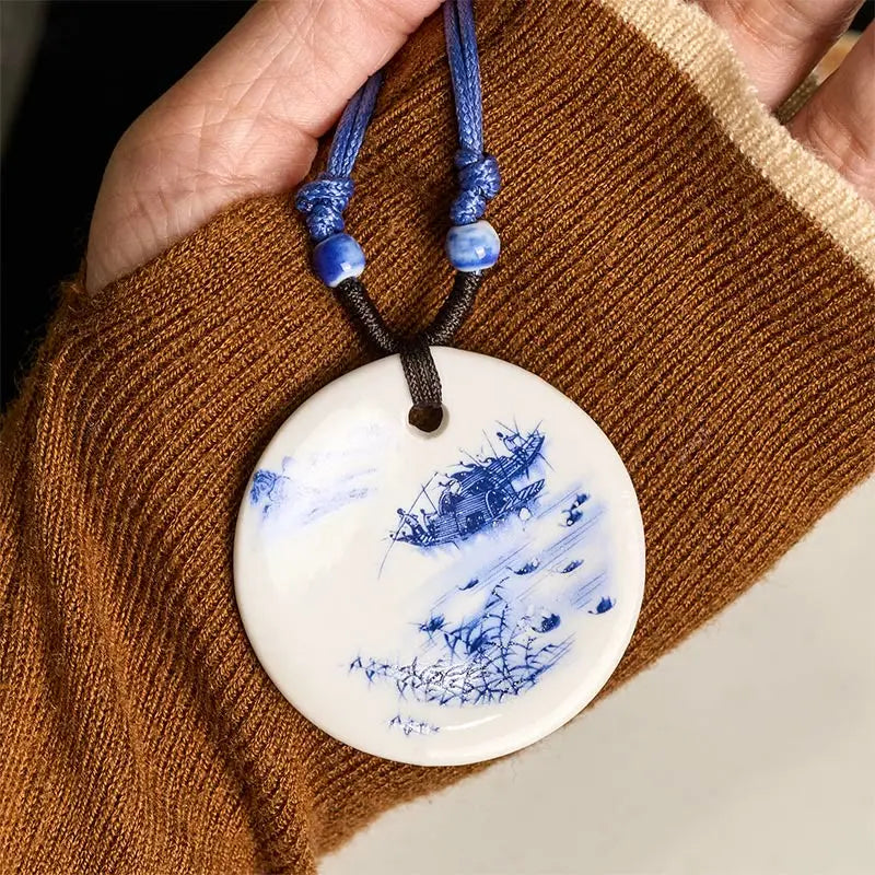 Fortune Jewel Ethnic Peony Peach Blossoms Lotus Symbol Ceramics Necklace Enlightenment Pendant Fortune Jewel