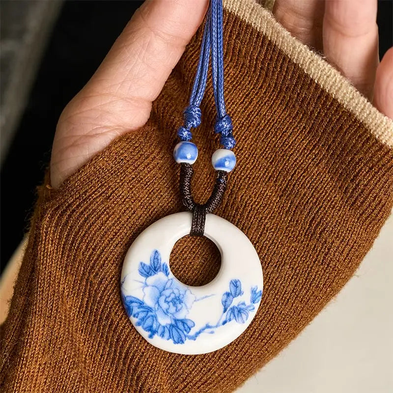 Fortune Jewel Ethnic Peony Peach Blossoms Lotus Symbol Ceramics Necklace Enlightenment Pendant Fortune Jewel