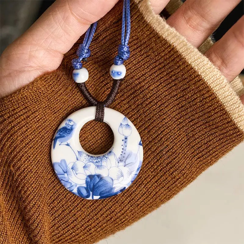 Fortune Jewel Ethnic Peony Peach Blossoms Lotus Symbol Ceramics Necklace Enlightenment Pendant Fortune Jewel