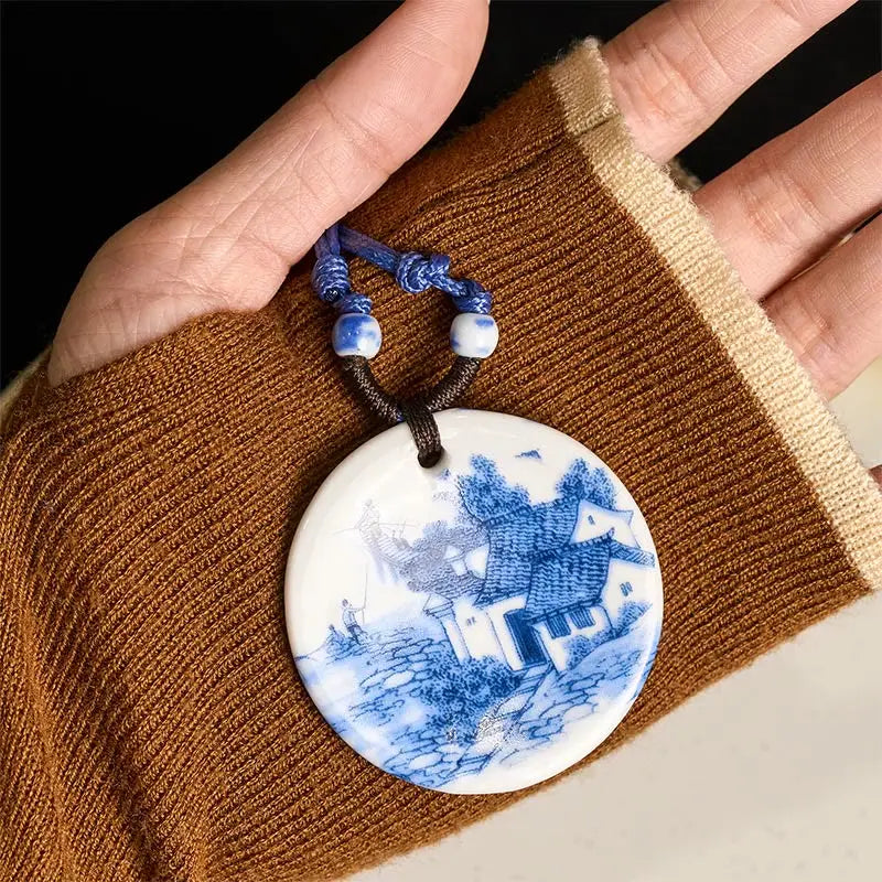 Fortune Jewel Ethnic Peony Peach Blossoms Lotus Symbol Ceramics Necklace Enlightenment Pendant Fortune Jewel