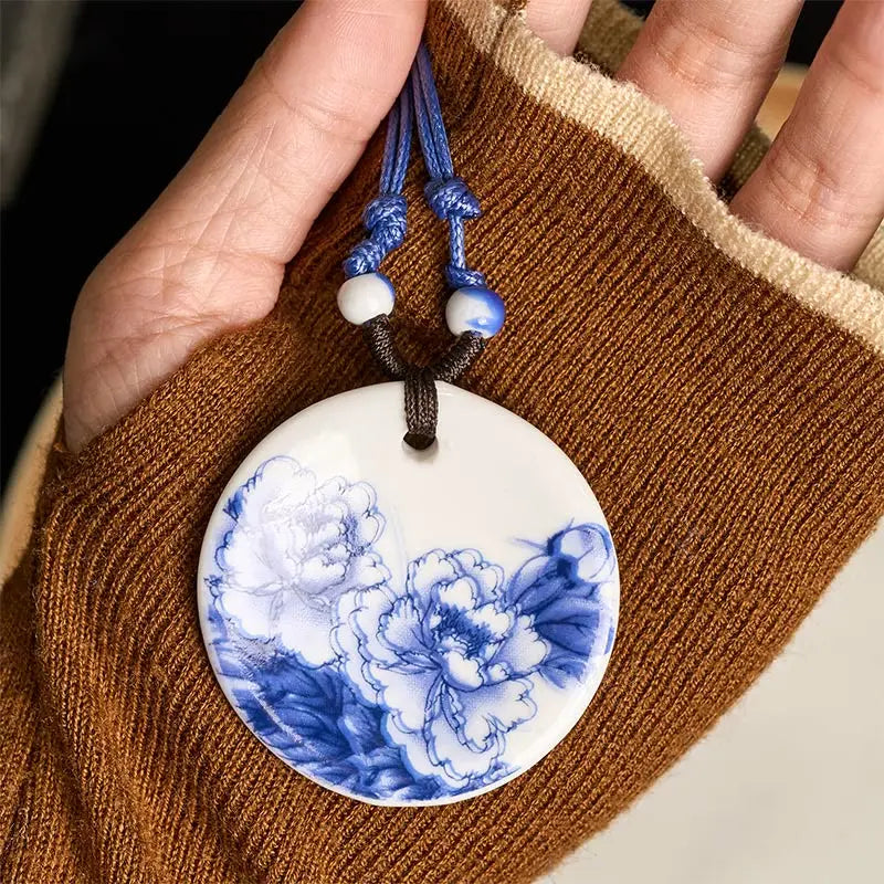 Fortune Jewel Ethnic Peony Peach Blossoms Lotus Symbol Ceramics Necklace Enlightenment Pendant Fortune Jewel
