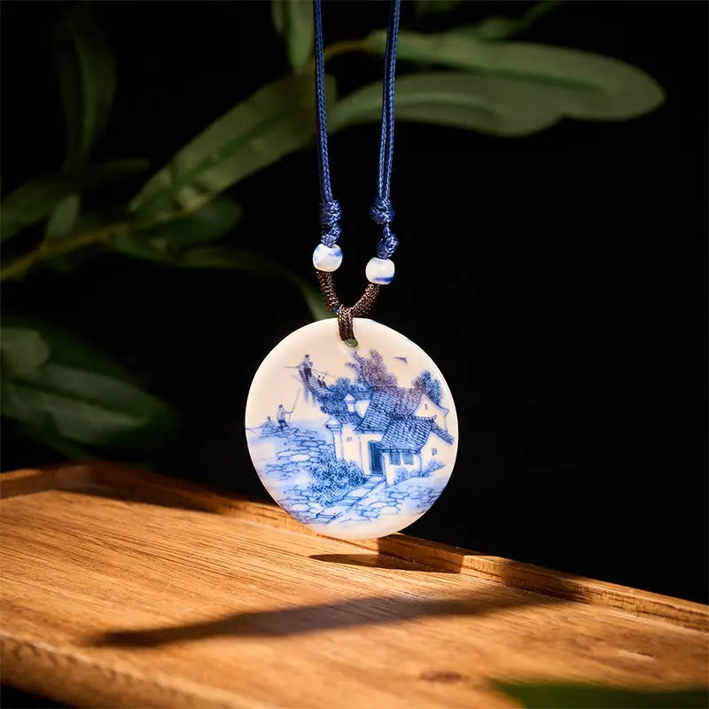 Fortune Jewel Ethnic Peony Peach Blossoms Lotus Symbol Ceramics Necklace Enlightenment Pendant Fortune Jewel