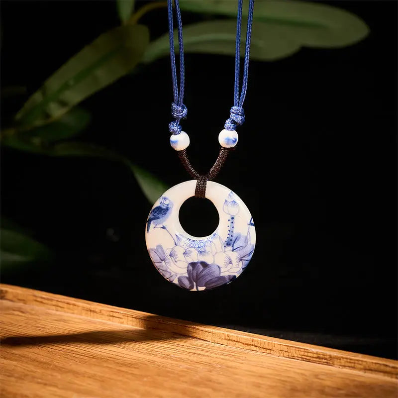Fortune Jewel Ethnic Peony Peach Blossoms Lotus Symbol Ceramics Necklace Enlightenment Pendant Fortune Jewel