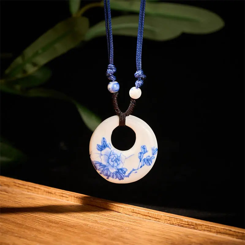 Fortune Jewel Ethnic Peony Peach Blossoms Lotus Symbol Ceramics Necklace Enlightenment Pendant Fortune Jewel