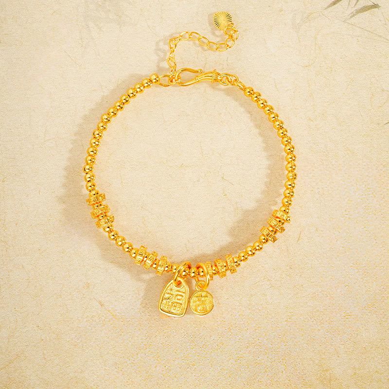 Fortune Jewel 24k Gold Plated Brass Fu Character Lucky Charm Blessing Bracelet - Fortune Jewel