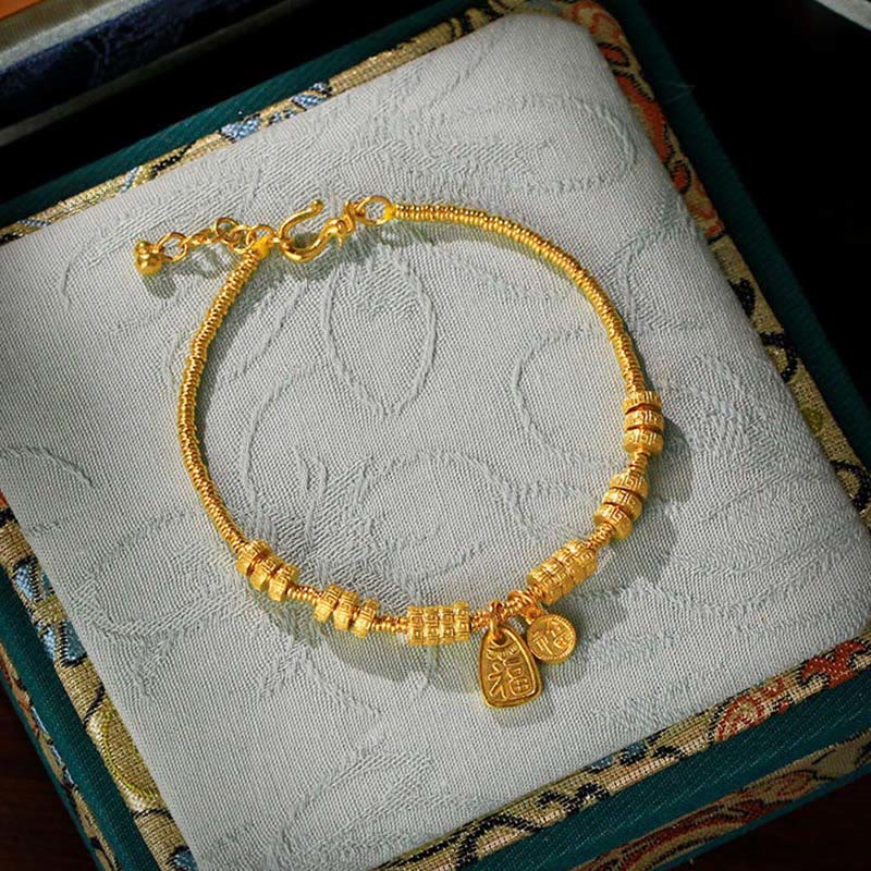 Fortune Jewel 24k Gold Plated Brass Fu Character Lucky Charm Blessing Bracelet - Fortune Jewel