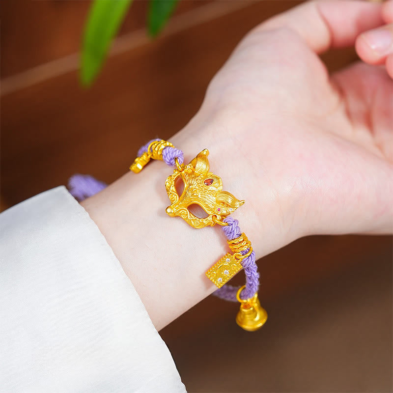 Fortune Jewel 24k Gold Plated Brass Fox Bell Charm Fu Character Woven Purple String Luck Bracelet - Fortune Jewel