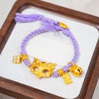 Fortune Jewel 24k Gold Plated Brass Fox Bell Charm Fu Character Woven Purple String Luck Bracelet - Fortune Jewel