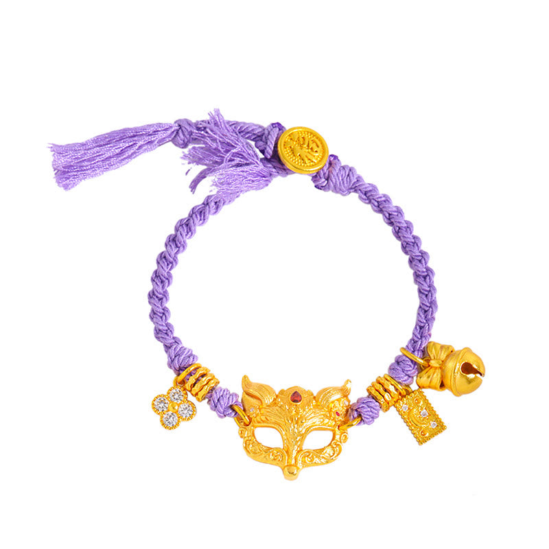 Fortune Jewel 24k Gold Plated Brass Fox Bell Charm Fu Character Woven Purple String Luck Bracelet - Fortune Jewel