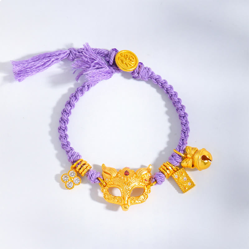Fortune Jewel 24k Gold Plated Brass Fox Bell Charm Fu Character Woven Purple String Luck Bracelet - Fortune Jewel