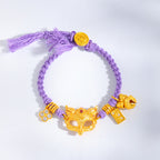 Fortune Jewel 24k Gold Plated Brass Fox Bell Charm Fu Character Woven Purple String Luck Bracelet - Fortune Jewel