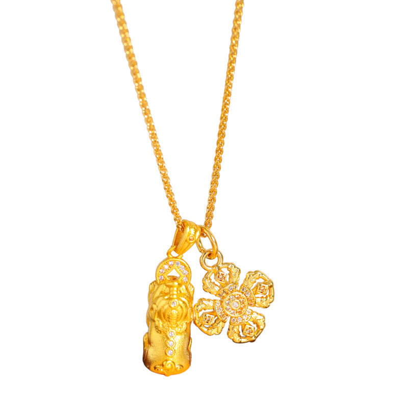 Fortune Jewel 24k Gold Plated Brass Pixiu Cross Dorje Vajra Wealth Chain Pendant Necklace - Fortune Jewel