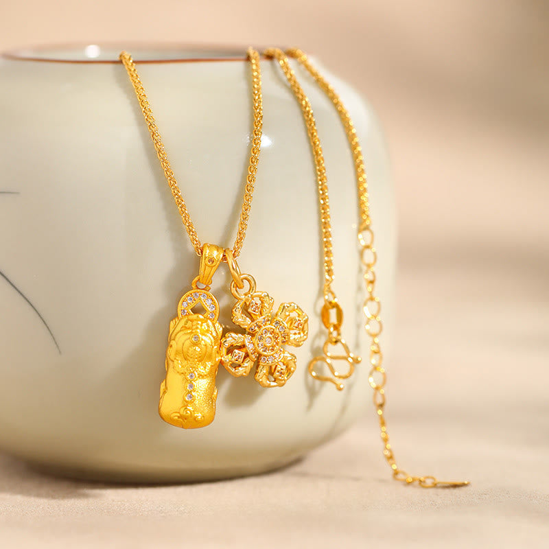 Fortune Jewel 24k Gold Plated Brass Pixiu Cross Dorje Vajra Wealth Chain Pendant Necklace - Fortune Jewel