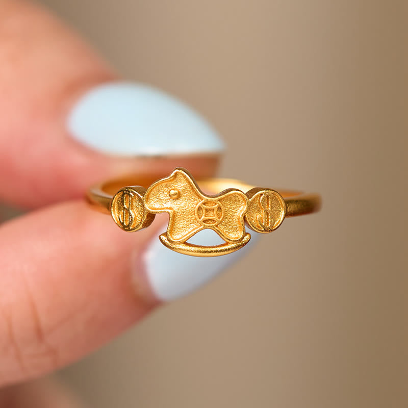 Buddha Stones Year Of The Horse 24k Gold Plated Brass Copper Coin Adjustable Ring - Fortune Jewel