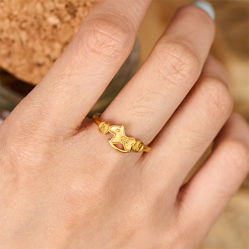 Buddha Stones Year Of The Horse 24k Gold Plated Brass Copper Coin Adjustable Ring - Fortune Jewel