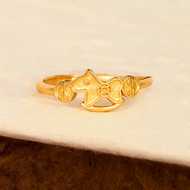 Buddha Stones Year Of The Horse 24k Gold Plated Brass Copper Coin Adjustable Ring - Fortune Jewel