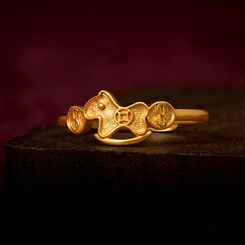 Buddha Stones Year Of The Horse 24k Gold Plated Brass Copper Coin Adjustable Ring - Fortune Jewel