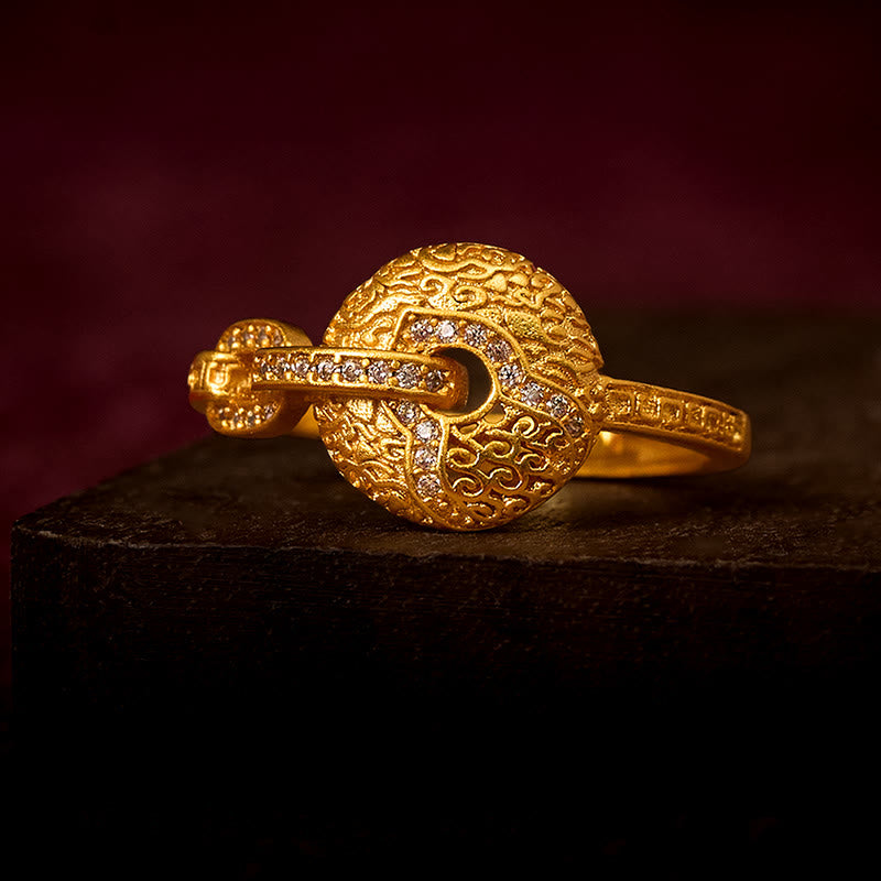 Fortune Jewel 24k Gold Plated Brass Hollow Carved Design Peace Buckle Adjustable Fortune Ring - Fortune Jewel