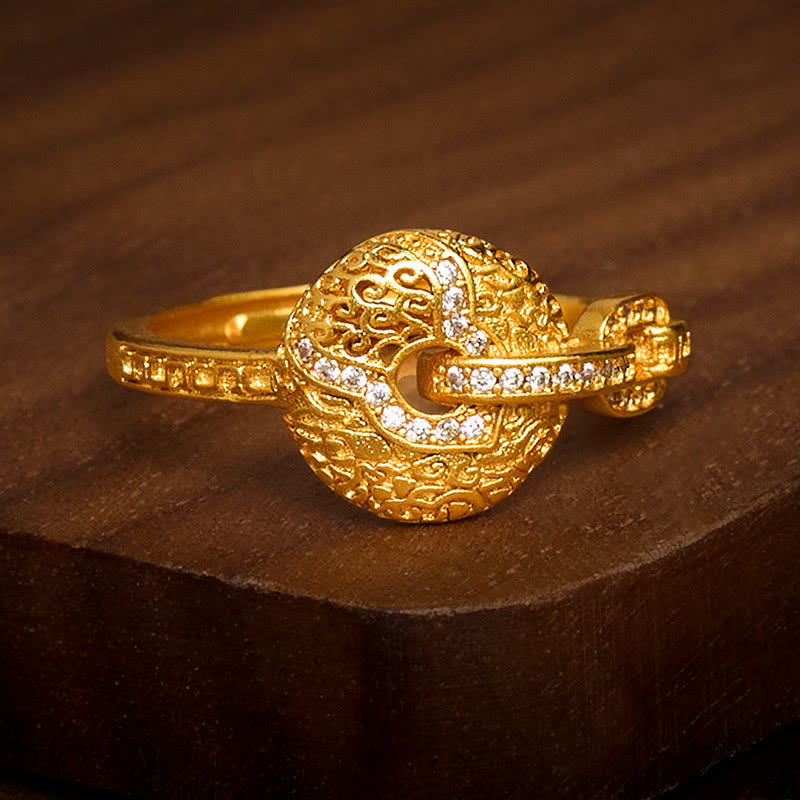 Fortune Jewel 24k Gold Plated Brass Hollow Carved Design Peace Buckle Adjustable Fortune Ring - Fortune Jewel