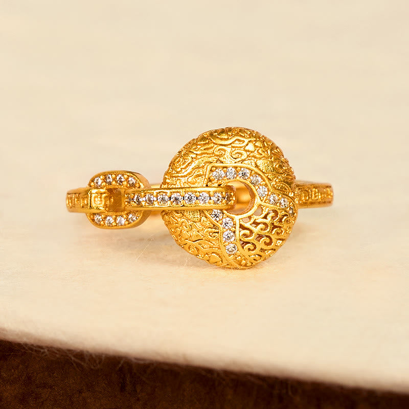 Fortune Jewel 24k Gold Plated Brass Hollow Carved Design Peace Buckle Adjustable Fortune Ring - Fortune Jewel