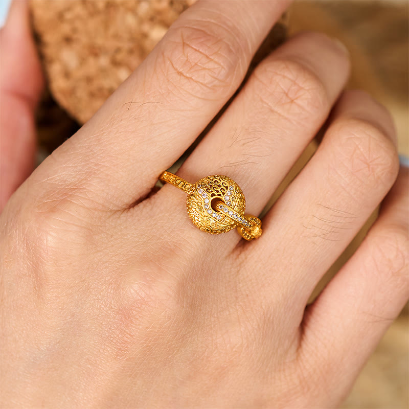 Fortune Jewel 24k Gold Plated Brass Hollow Carved Design Peace Buckle Adjustable Fortune Ring - Fortune Jewel