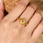 Fortune Jewel 24k Gold Plated Brass Hollow Carved Design Peace Buckle Adjustable Fortune Ring - Fortune Jewel